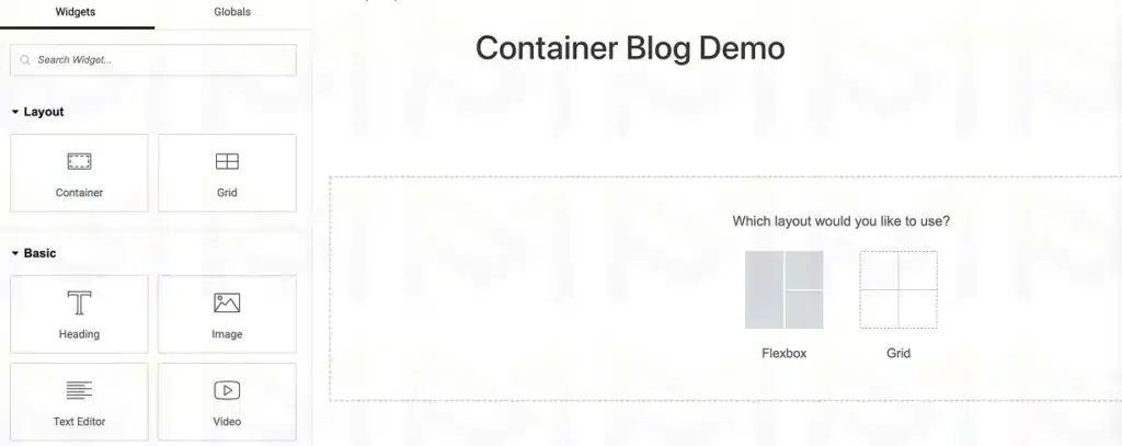 Elementor layout selection screen with Flexbox and Grid container options.