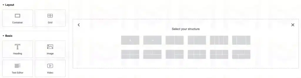 Elementor predefined container structure options for creating column-based layouts.