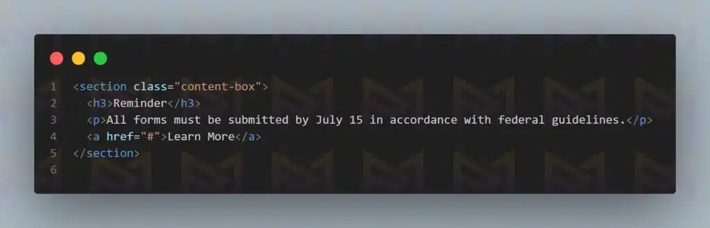 HTML snippet showing a Reminder content box with a deadline notice and Learn More link.