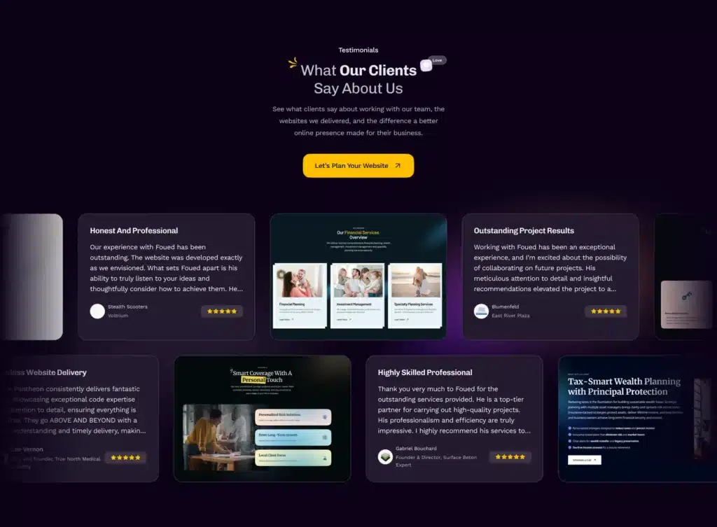 Client testimonial section with reviews, ratings, names, and company details.