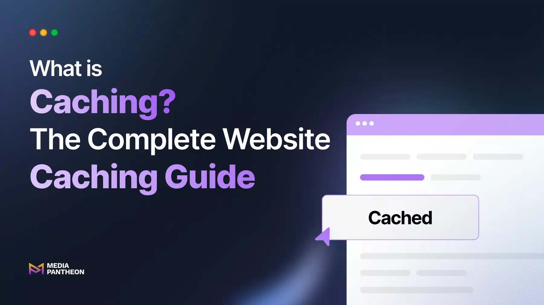 Website caching guide cover showing a cached webpage interface with Media Pantheon branding.
