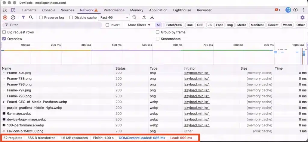 DevTools network summary shows a 990 ms load time using cached resources.