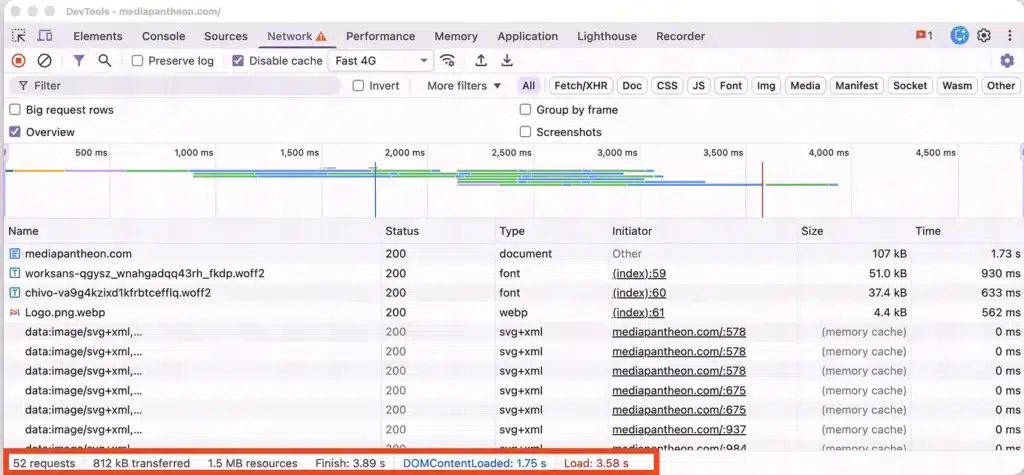 Chrome DevTools showing a 3.58 s page load without browser caching.